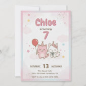 ピンクの子猫の誕生日パーティー 女子会 かわいい 招待状 (正面)