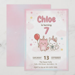 ピンクの子猫の誕生日パーティー 女子会 かわいい 招待状