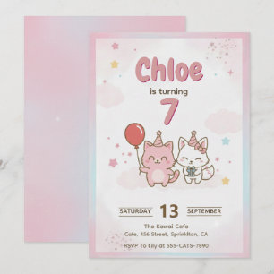 ピンクの子猫の誕生日パーティー 女子会 かわいい 招待状