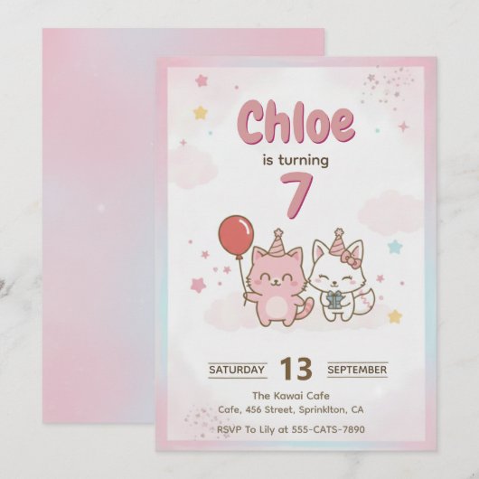 ピンクの子猫の誕生日パーティー 女子会 かわいい 招待状 (正面/裏面)