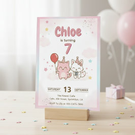 ピンクの子猫の誕生日パーティー 女子会 かわいい 招待状