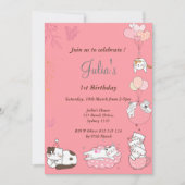 ピンクの子猫ベビーガールの誕生日 招待状 (正面)