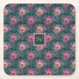 ピンクの孔雀の羽とモノグラムの深いグリーン スクエアペーパーコースター