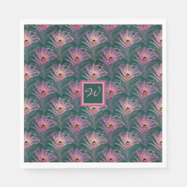 ピンクの孔雀の羽とモノグラムの深いグリーン スタンダードランチョンナプキン