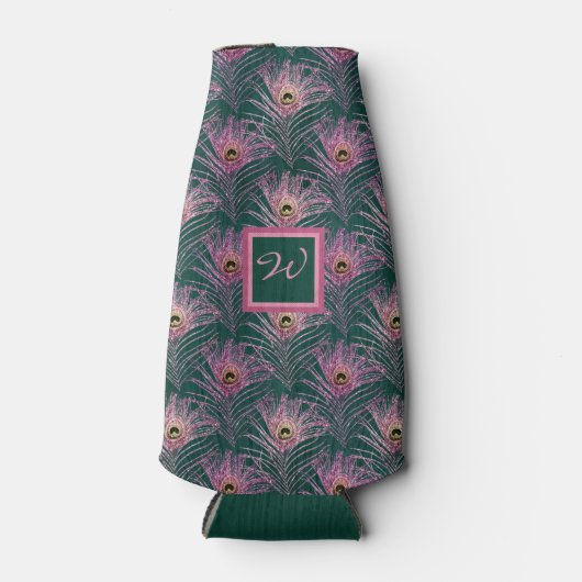 ピンクの孔雀の羽とモノグラムの深いグリーン ボトルクーラー (正面)