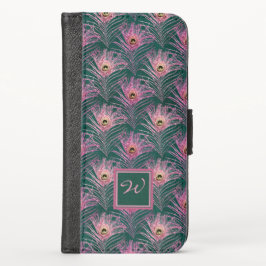 ピンクの孔雀の羽とモノグラムの深いグリーン ウォレットケース