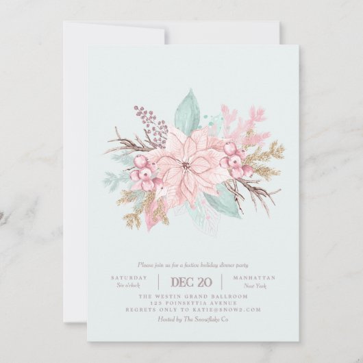 ピンクの季節はお祝いの時期 ミントグリーンのホリデーディナー招待状 招待状 (正面)