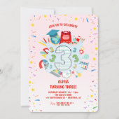 ピンクの学校テーマの3歳の誕生日パーティー 招待状 (正面)