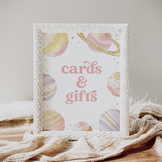 ピンクの宇宙ガール誕生日カードとギフト ポスター