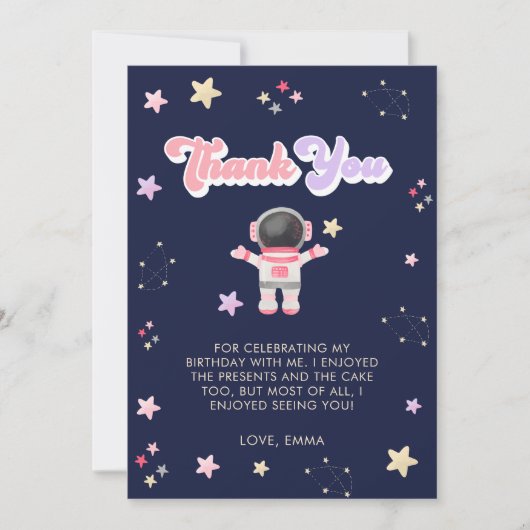 ピンクの宇宙スターズ宇宙飛行士誕生日サンキューカード サンキューカード (正面)