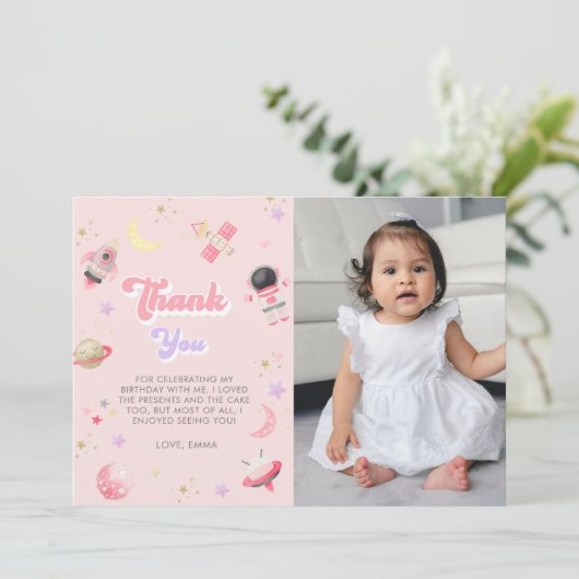 ピンクの宇宙スターズ宇宙飛行士誕生日 サンキューカード (スタンド正面)