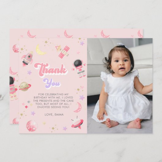 ピンクの宇宙スターズ宇宙飛行士誕生日 サンキューカード (正面/裏面)