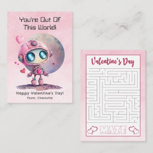 ピンクの宇宙ロボット予算の教室バレンタインデー ノートカード (正面/裏面)