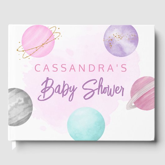 ピンクの宇宙惑星銀河系赤ちゃんシャワー ゲストブック (正面)