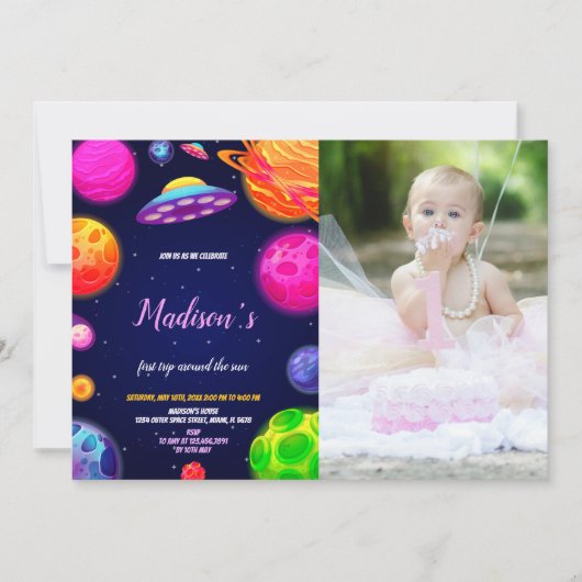 ピンクの宇宙誕生日招待状と写真 招待状 (正面)