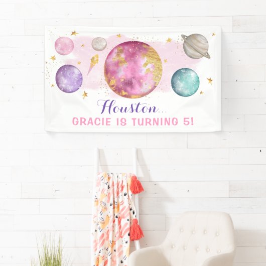 ピンクの宇宙銀河系ピンク金ゴールド誕生日パーティー 横断幕 (インサイチュ)