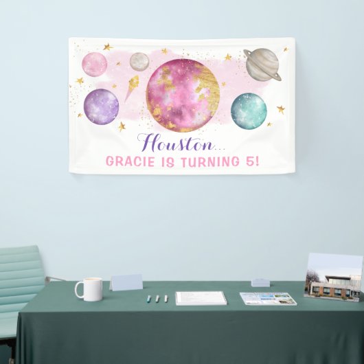 ピンクの宇宙銀河系ピンク金ゴールド誕生日パーティー 横断幕 (トレードショー)