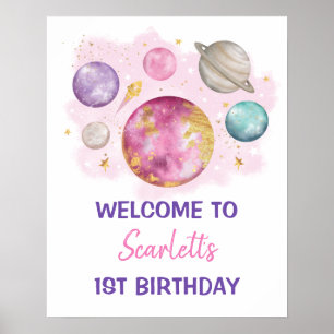 ピンクの宇宙銀河系惑星達ガール誕生日歓迎 ポスター