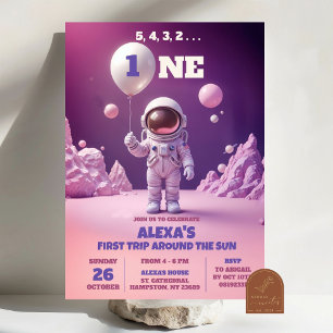 ピンクの宇宙飛行士がおとめの1歳の誕生日 招待状