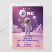 ピンクの宇宙飛行士がおとめの1歳の誕生日 招待状 (正面)