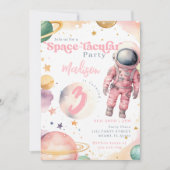 ピンクの宇宙飛行士の女の子の宇宙の誕生日 招待状 (正面)