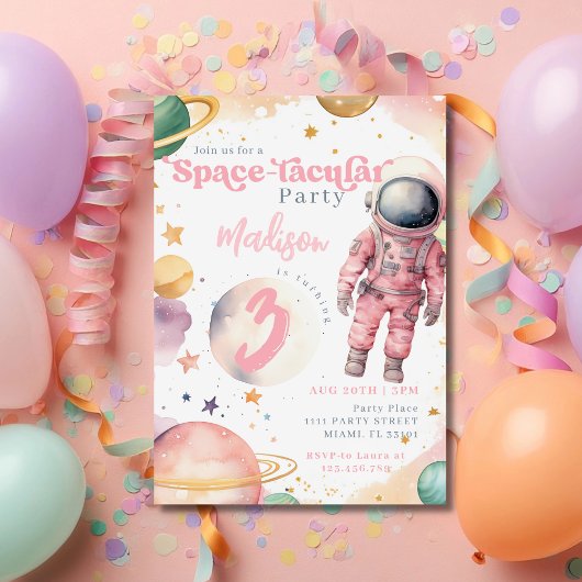 ピンクの宇宙飛行士の女の子の宇宙の誕生日 招待状