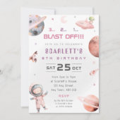 ピンクの宇宙飛行士の誕生日パーティー招待状 女子 招待状 (正面)