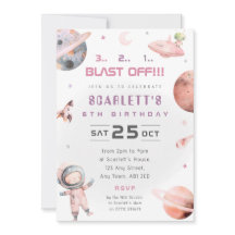 ピンクの宇宙飛行士の誕生日パーティー招待状 女子