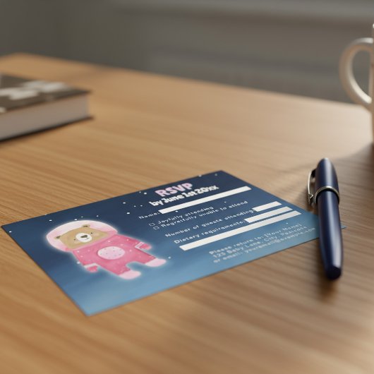 ピンクの宇宙飛行士ベア宇宙をテーマにしたRSVPカード 出欠カード