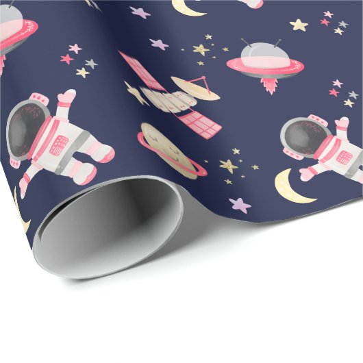 ピンクの宇宙飛行士宇宙星 ラッピングペーパー (ロールコーナー)