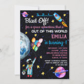 ピンクの宇宙飛行士 レインボー風船 ロケット 招待状 (正面)