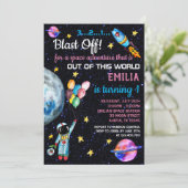 ピンクの宇宙飛行士 レインボー風船 ロケット 招待状 (スタンド正面)