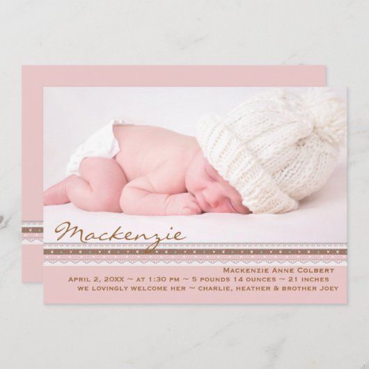 ピンクの完全さの写真の誕生の発表 案内状 (正面/裏面)