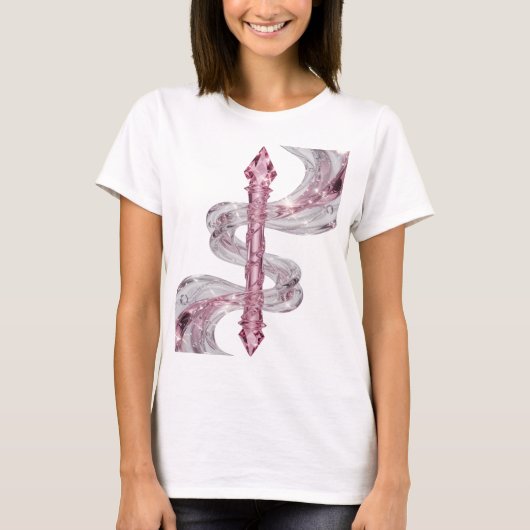 ピンクの宝石と流れるピンクのカドゥケウス Tシャツ (正面)