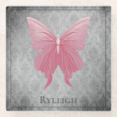 ピンクの宝石を持つ蝶 ガラスコースター (正面)