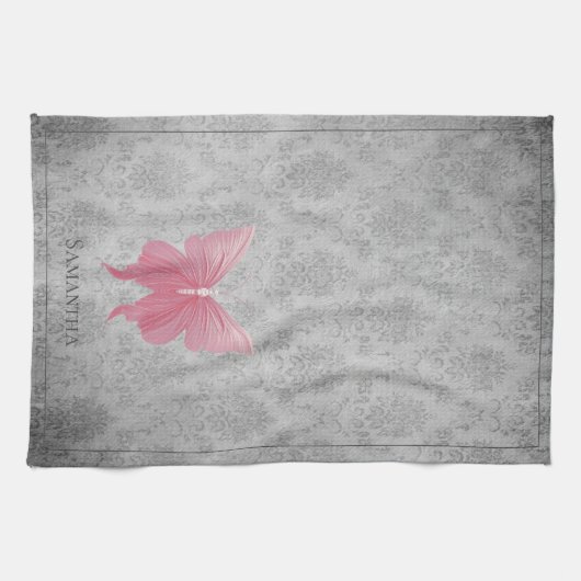 ピンクの宝石を持つ蝶 キッチンタオル (横)