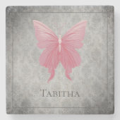 ピンクの宝石を持つ蝶 ストーンコースター (正面)