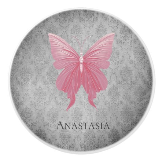 ピンクの宝石を持つ蝶 セラミックノブ (正面)