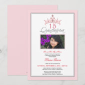 ピンクの宝石付きティアラのキンセアニエラ招待状（ピンク） 招待状 (正面/裏面)