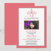 ピンクの宝石付きティアラのキンセアニエラ招待状（ローズ） 招待状 (正面/裏面)