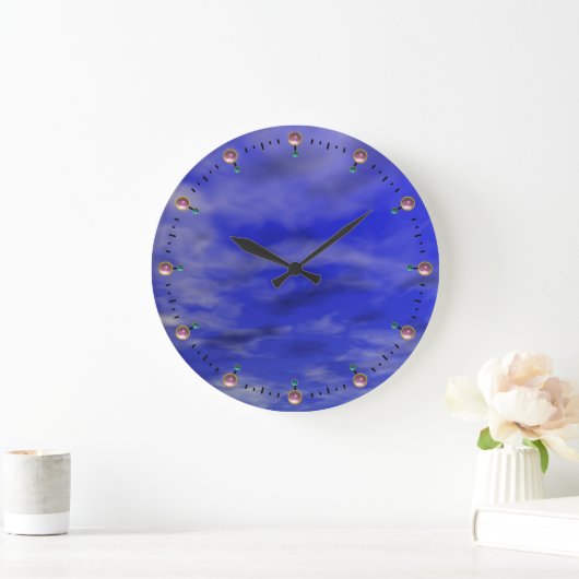 ピンクの宝石用原石が付いている深い青の空そして雲 ラージ壁時計 (ホーム)