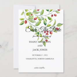 ピンクの実と緑の葉でSave The Date 招待状