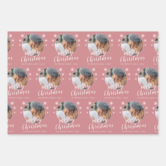 ピンクの家族写真スノーフレークメリークリスマス ラッピングペーパーシート (正面3)