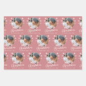 ピンクの家族写真スノーフレークメリークリスマス ラッピングペーパーシート (正面2)