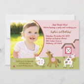 ピンクの家畜の女の子の写真の誕生日の招待状 招待状 (正面)