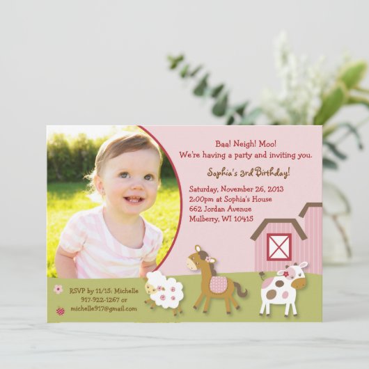 ピンクの家畜の女の子の写真の誕生日の招待状 招待状 (スタンド正面)