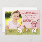 ピンクの家畜の女の子の写真の誕生日の招待状 招待状 (正面/裏面)