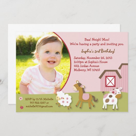 ピンクの家畜の女の子の写真の誕生日の招待状 招待状 (正面/裏面)