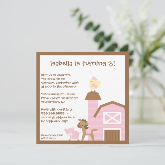 ピンクの家畜の女の子の誕生日のパーティの招待状 招待状 (スタンド正面)