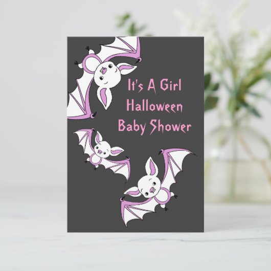 ピンクの小さいこうもりのベビーシャワーの招待状カード 招待状 (スタンド正面)